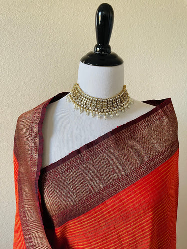Dupion Pure Silk Saree | Orange | Pink & Maroon, Antique Zari, Handwoven in Banaras | Ships from California
